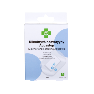 APTEEKKI Kiinnittyvä haavatyyny Aquastop S 7,5 cm x 5 cm 5 kpl/rasia