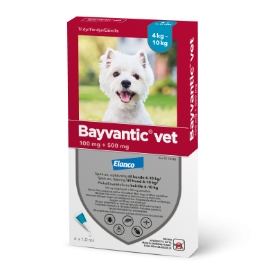 BAYVANTIC VET paikallisvaleluliuos 500/100 mg koirille 4–10 kg 4 x 1 ml