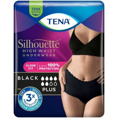 TENA SILHOUETTE PLUS NOIR M INKOHOUSUT NAISILLE, MUSTA, KORKEA VYÖTÄRÖ 9 KPL