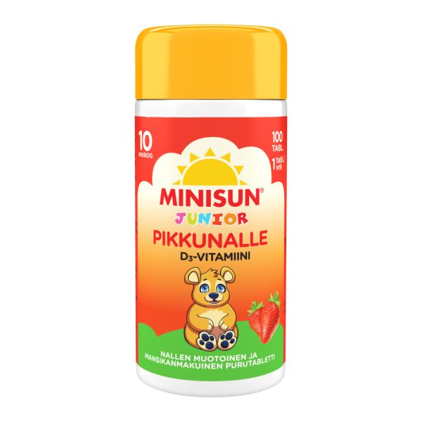 Minisun D-vitamiini Mansikka Nalle jr.10 mikrog 100 PURUTABL