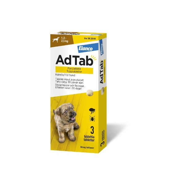 AdTab purutabletti 56 mg koiralle (1,3–2,5 kg) 3 fol