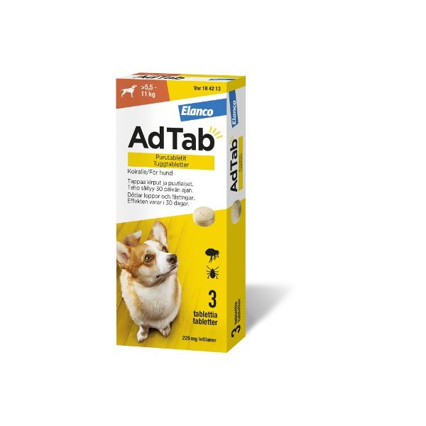 AdTab purutabletti 225 mg koiralle (> 5,5–11 kg) 3 fol