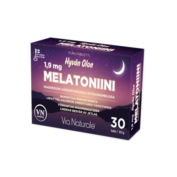 Hyvän Olon Melatoniini 1,9 mg Magnesium-Kärsimyskukka-Sitruunamelissa 30 tabl