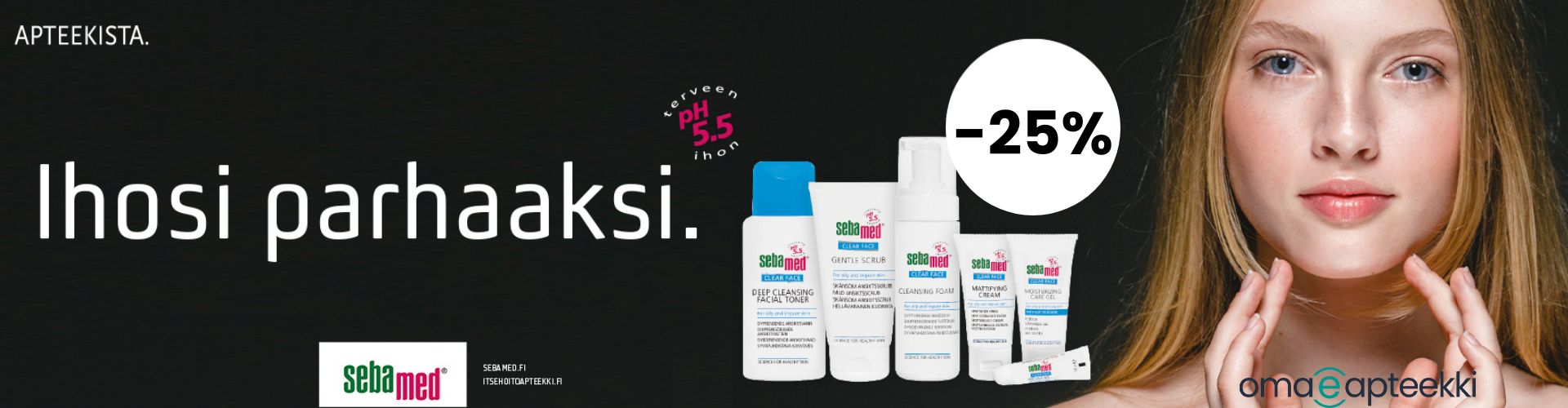 Nuori tyttö, kenellä hyvin heleä iho pitää kiinni kasvoistaan. Ihosi parhaaksi Sebamed Clear Face tuotteet -25% elokuun ajan