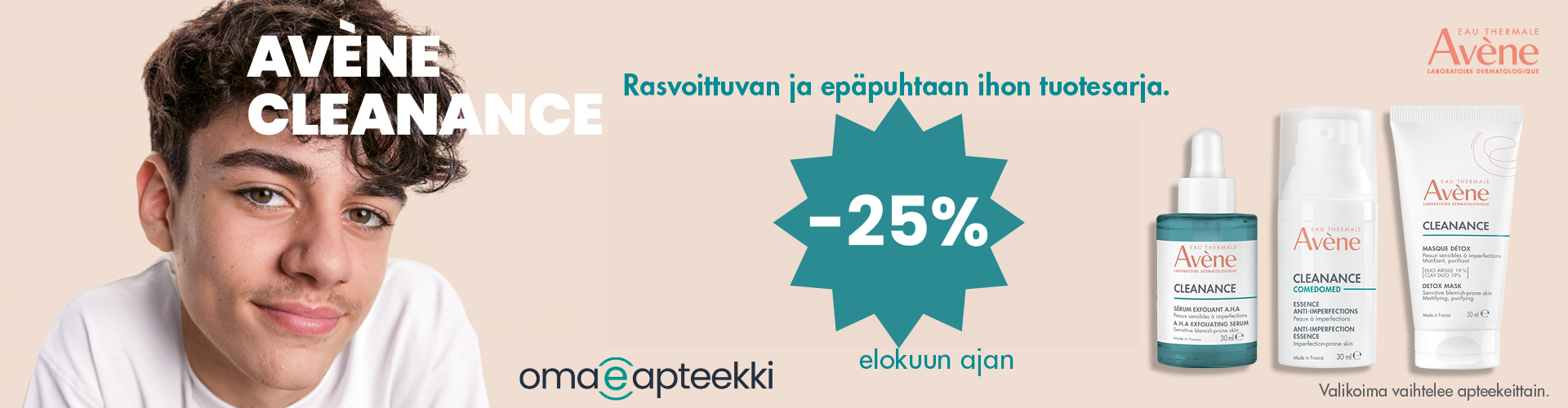 Nuori poika kenellä hieman näppyjä kasvoissa. Avene Cleanance epäpuhtaan ihon tuotteet -25%