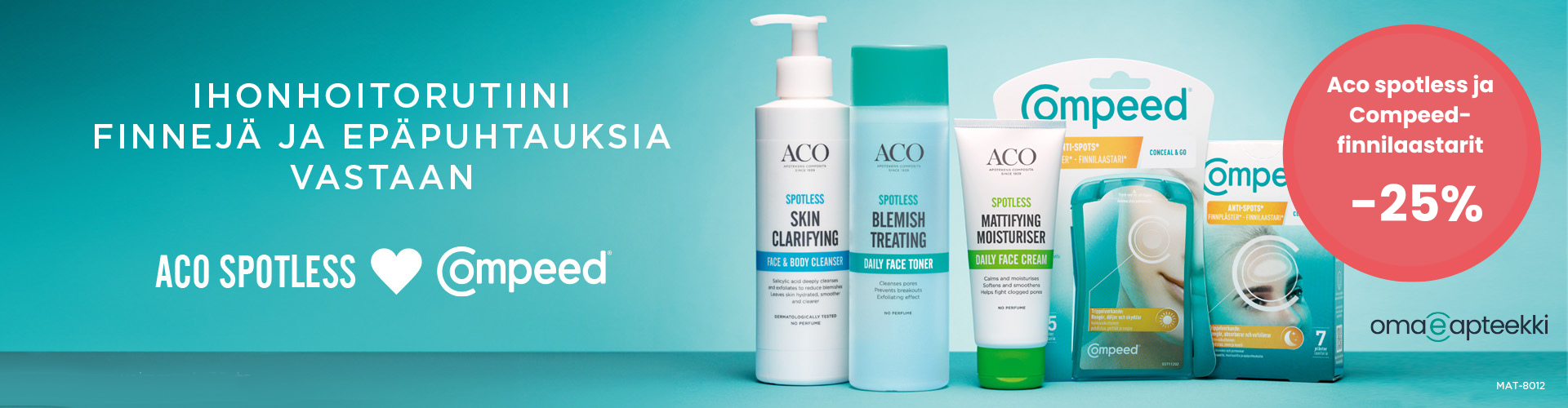 Ihonhoitorutiini finnejä ja epäpuhtauksia vastaan. Kuvassa Aco spotless tuotteita sekä compeed finnilaastarit. Ale -25%