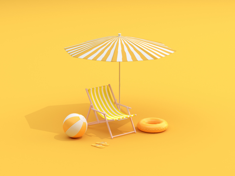Aurinkovarjo, rantapallo ja uimarengas keltaisella taustalla