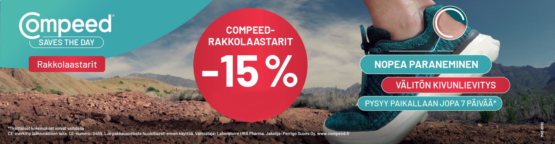Kuvassa jalka jossa lenkkari ja maastona vuoristo. Compeed rakkolaastarit -15% syyskuun ajan