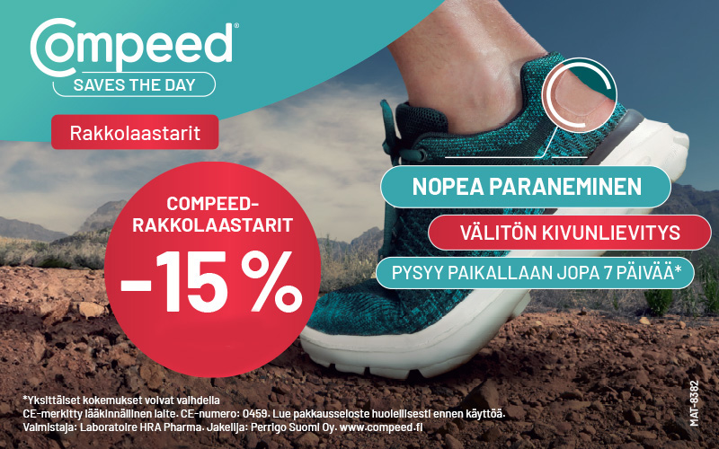 Kuvassa jalka jossa lenkkari ja maastona vuoristo. Compeed rakkolaastarit -15% syyskuun ajan
