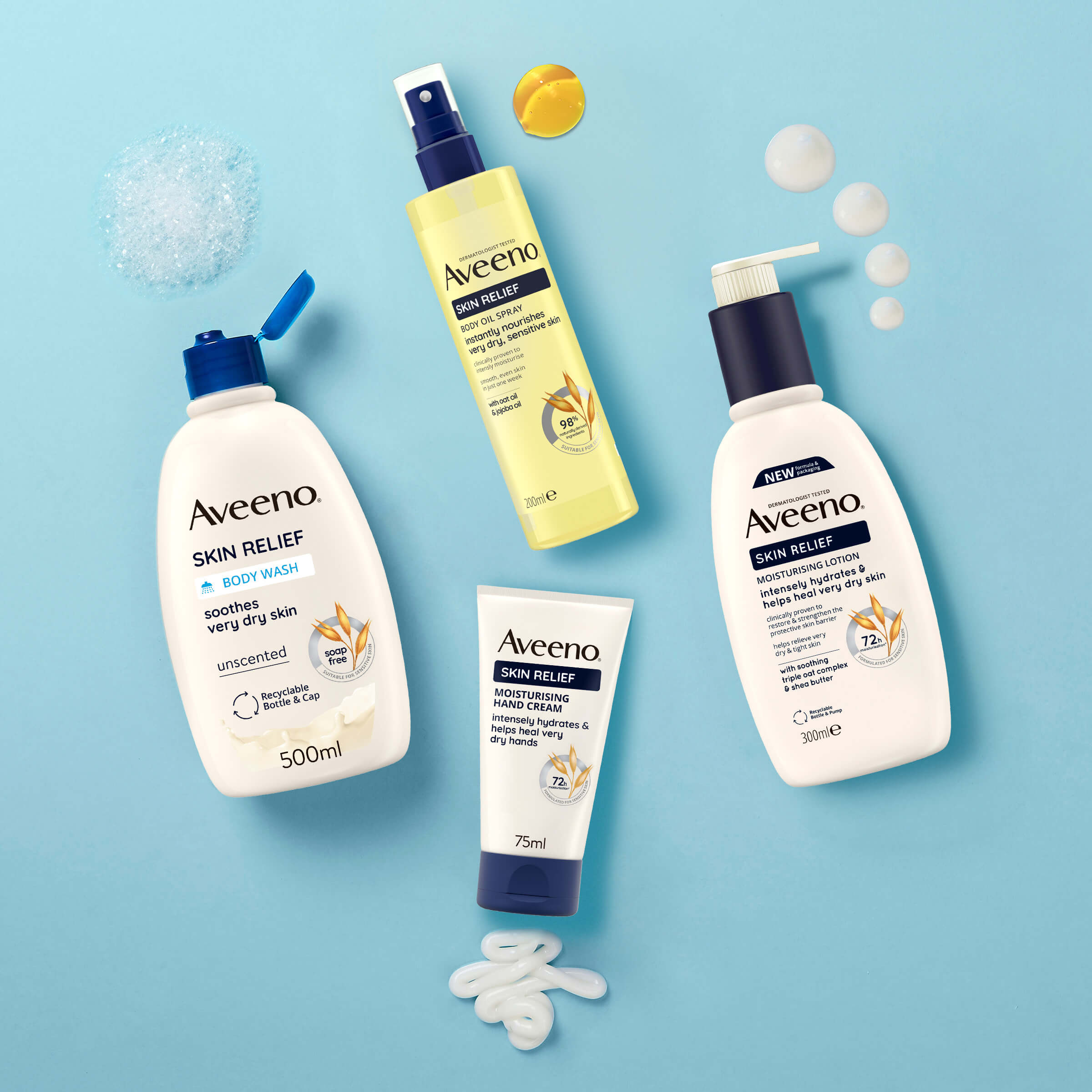 Kaikki Aveeno skin relief tuotteet sinisell&auml; taustalla. 4 eriaista tuotetta pesuun ja ihonhoitoon