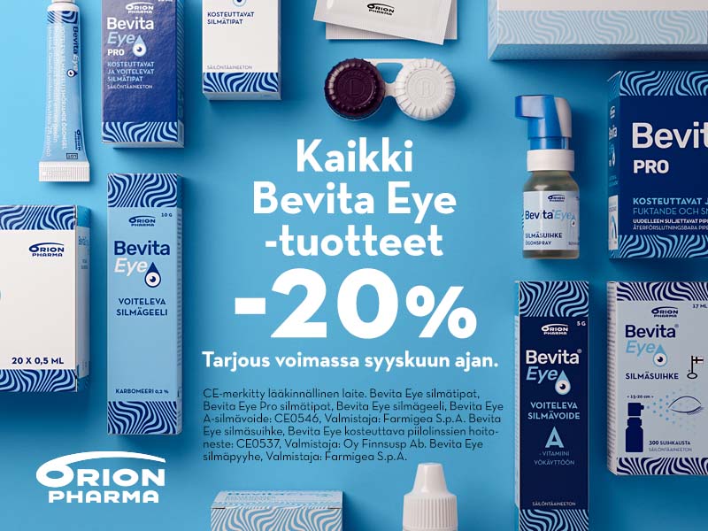 Bevita Eye silmien hoitotuotteet sinisellä taustalla. Kaikki tuotteet -20% syyskuun ajan