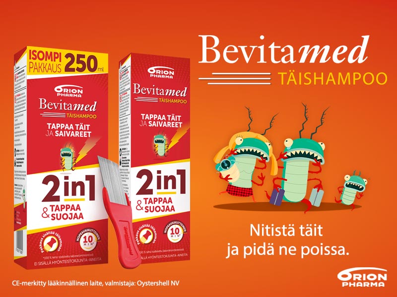 Täit hyppivät punaisella taustalla  ja tekstinä Nitistä täit ja pidä ne poissa. Bevitamed täishampoo mainos