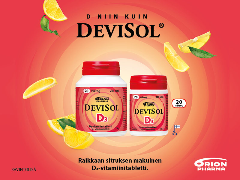 Punaiset Devisol D-vitamiinipurkit sekä taustalla appelsiinisiivuja