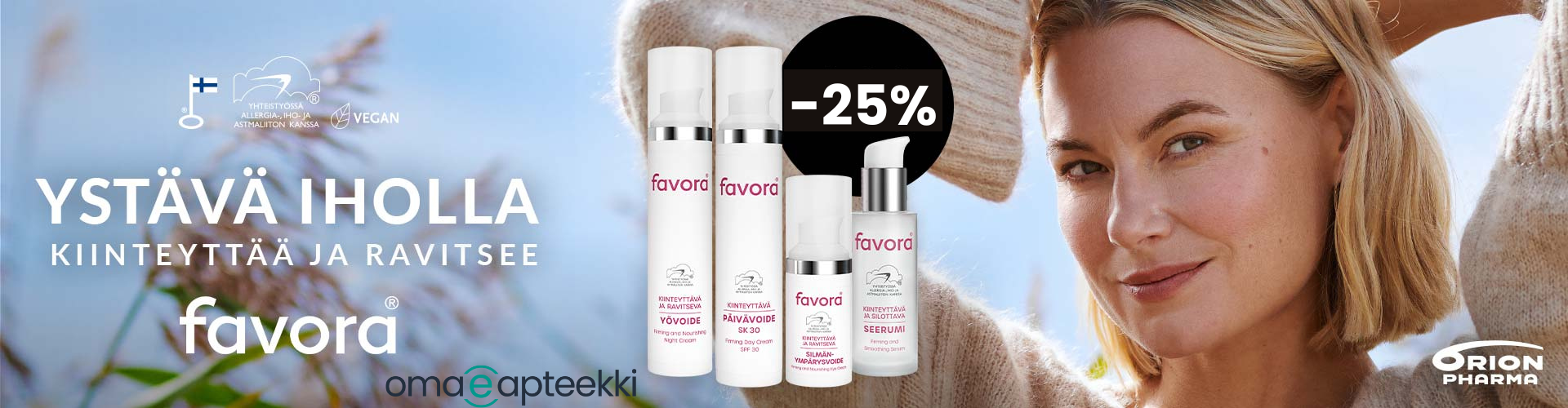 Vaalea nainen pellolla, favoran tuotteet kuvassa etualalla. Kiinteyttävät tuotteet -25%