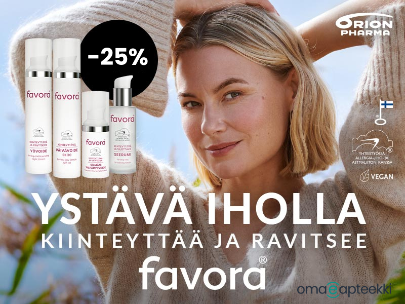 Vaalea nainen pellolla, favoran tuotteet kuvassa etualalla. Kiinteyttävät tuotteet -25%
