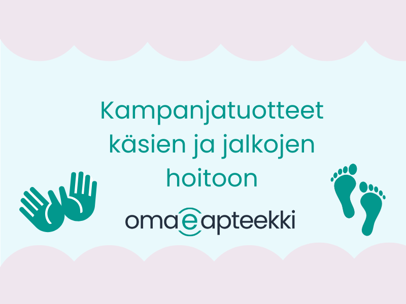 Piirretyt kädet sekä jalat vaalean vihreällä taustalla. Kampanjatuotteet käsien ja jalkojen hoitoon