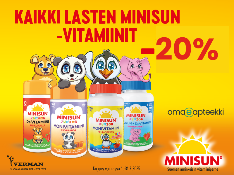 Piirrettyjä hahmoja, panda, pingviini, nalle ja norsu kurkkivat lasten vitamiinipurkkien takaa. Minisun lasten vitamiinit -20%