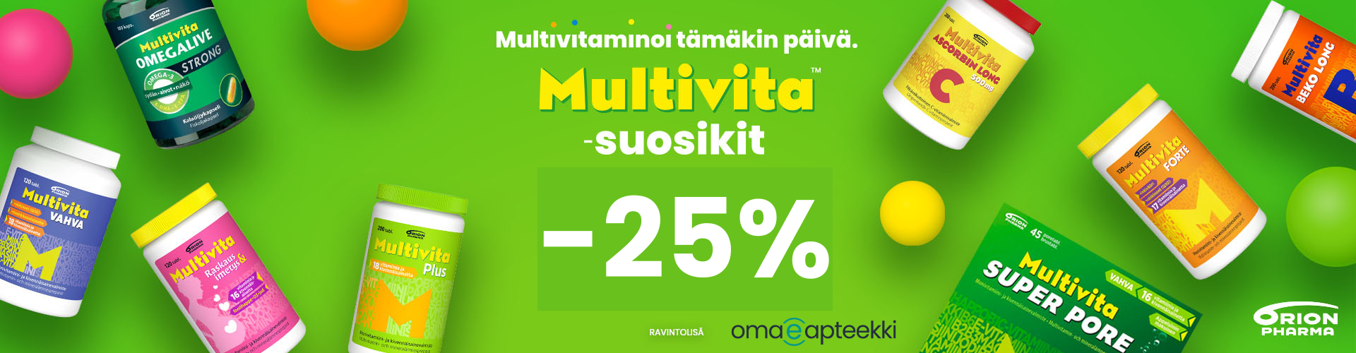 Kirkkaan vihreällä taustalla Multivitan vitamiinipurkkeja. Tuotteet -25% syyskuun ajan