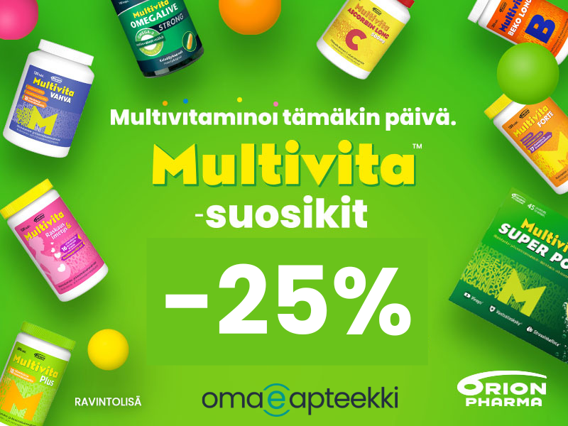 Kirkkaan vihreällä taustalla Multivitan vitamiinipurkkeja. Tuotteet -25% syyskuun ajan