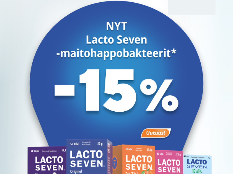 Lacto Seven maitohappobakteerit -15% syyskuun ajan. Kuvassa tuotteet rivissä ja ison sinisen pallon sisällä -15%
