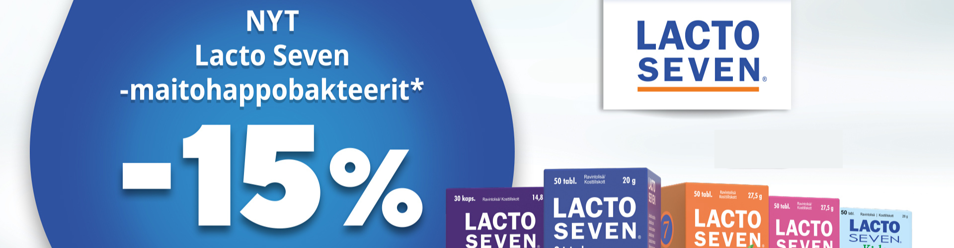Lacto Seven maitohappobakteerit -15% syyskuun ajan. Kuvassa tuotteet rivissä ja ison sinisen pallon sisällä -15%