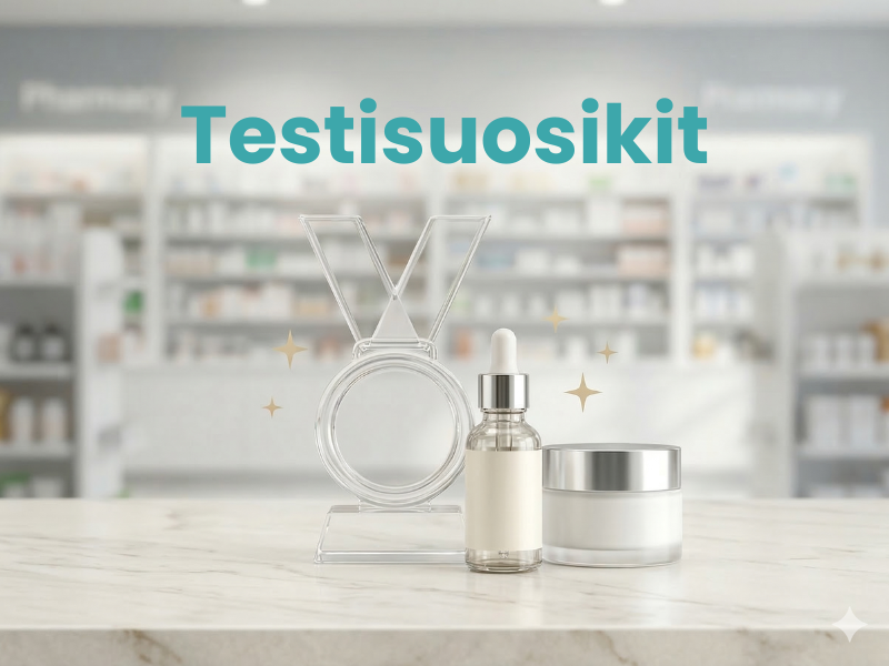 Tyylik&auml;s lasinen palkinto ja ihonhoitotuotteita marmoritasolla apteekkiymp&auml;rist&ouml;ss&auml; &ndash; Kuluttajatesteiss&auml; menestyneet tuotteet.