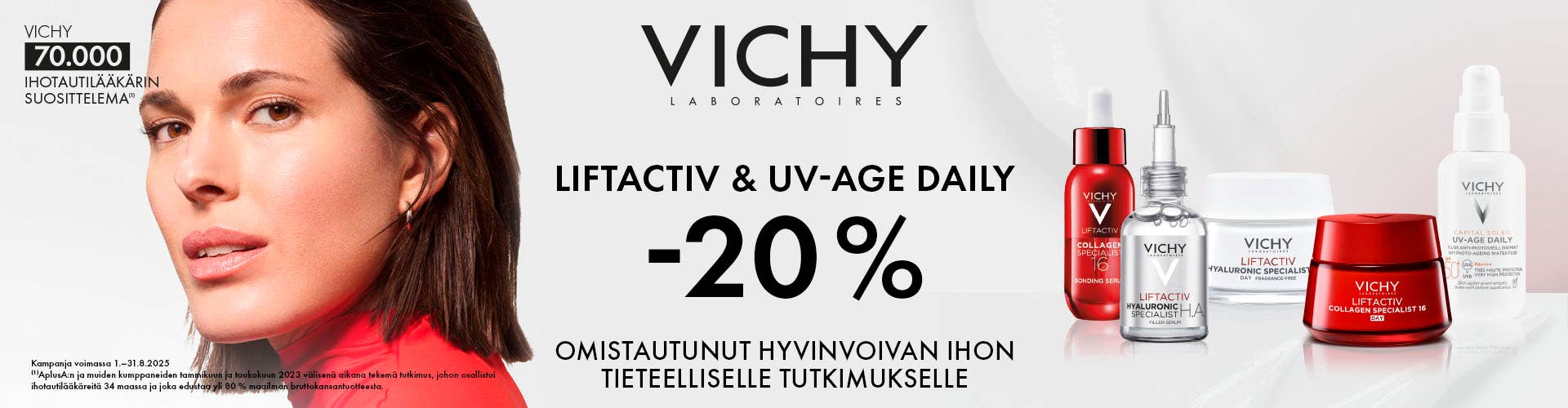 Kaunis nainen toisessa reunassa ja toisessa reunassa kosmetiikkapurkkeja. Vichy Liftactiv ja Uv-age daily tuotteet -20%