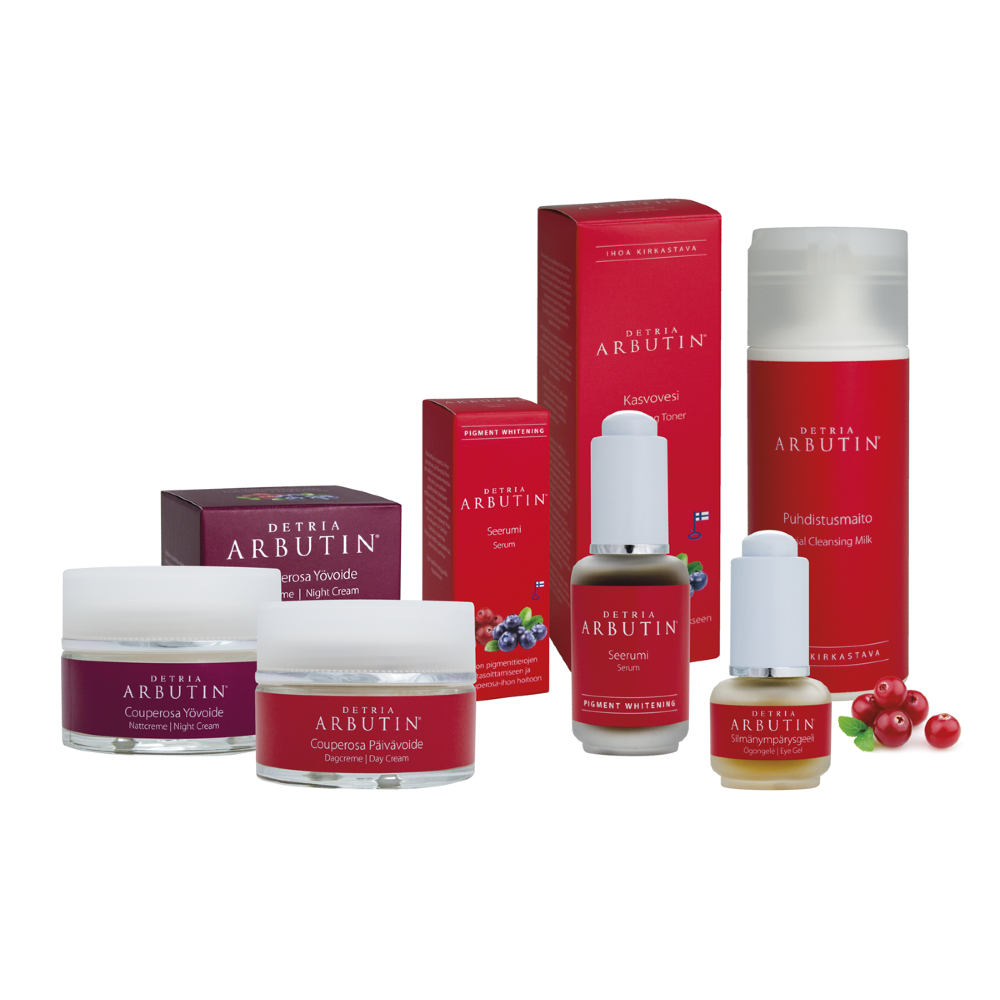 Koko Detria arbutin valikoima sijoiteltuna p&ouml;yd&auml;lle