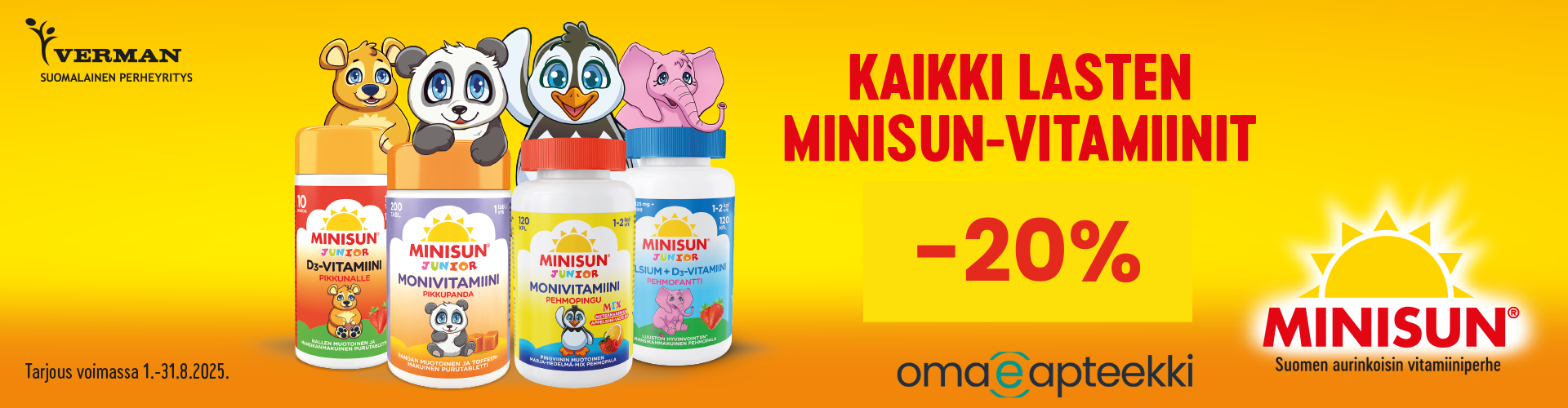 Piirrettyjä hahmoja, panda, pingviini, nalle ja norsu kurkkivat lasten vitamiinipurkkien takaa. Minisun lasten vitamiinit -20%